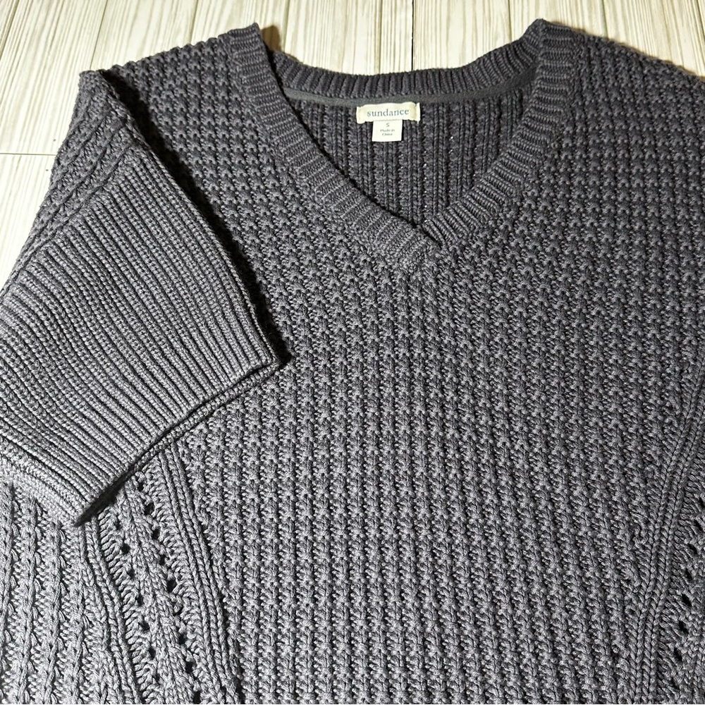 Sundance 100% Cotton Textured Knit Sweater Short Sleeve V-Neck Navy Size Small